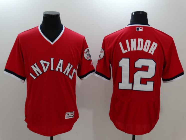 Men Cleveland Indians #12 Francisco Lindor Red Throwback MLB Jerseys->->MLB Jersey
